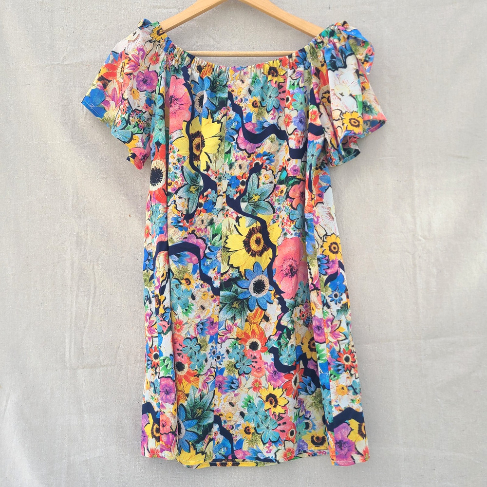 Callie Mac Floral Off Shoulder Lined Mini Dress Colorful Bright Boho Size S - Picture 3 of 7